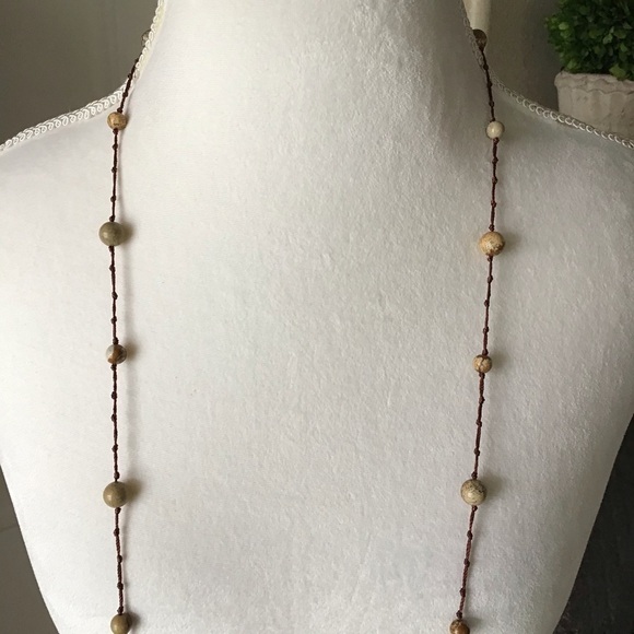 LAST 1! Crochet & Stone LONG Necklace BROWN Bead Strand Knot Boho Festival NEW - Picture 5 of 6
